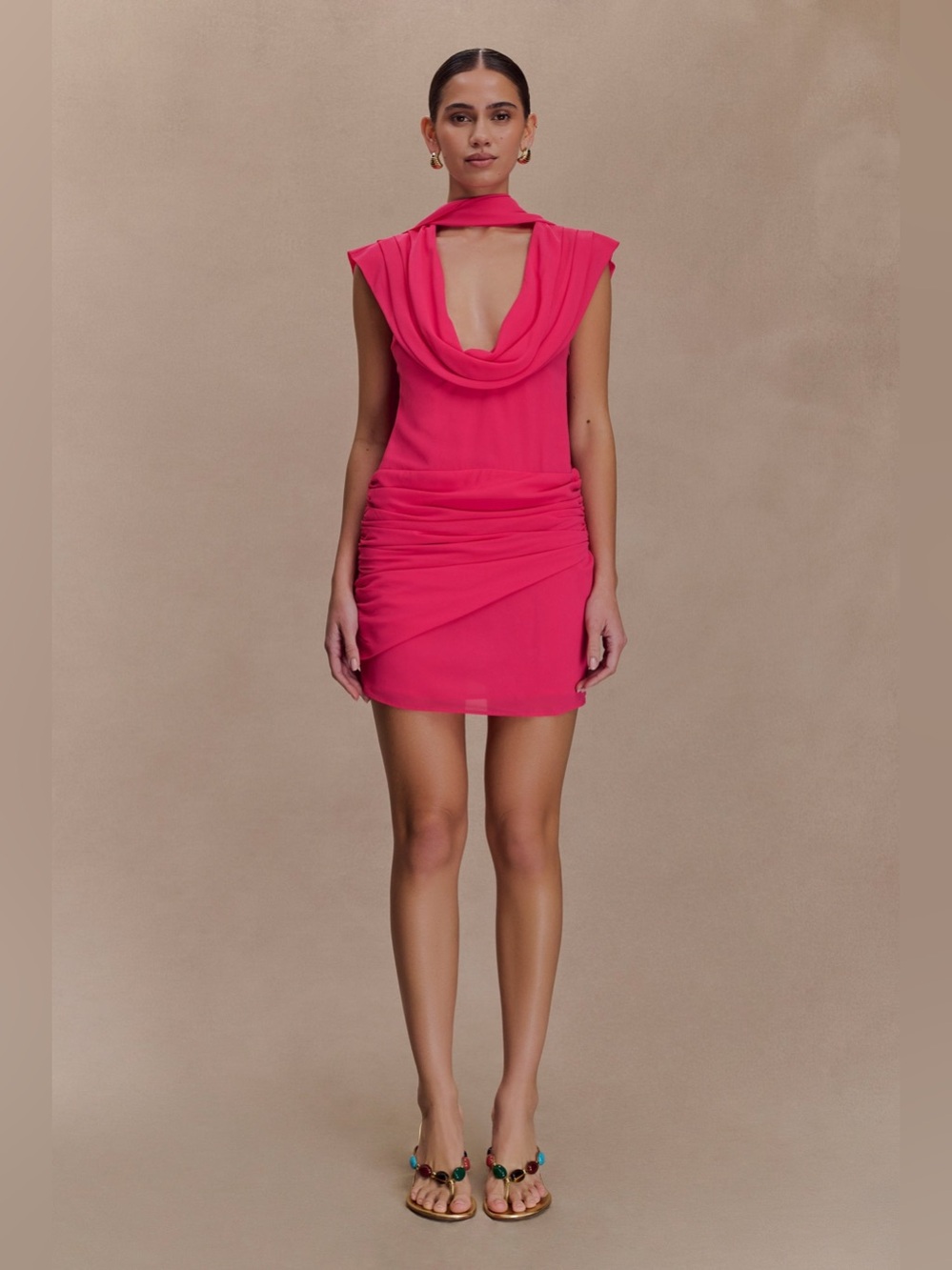 MESHKI Giulia Chiffon Draped Mini Dress Raspberry Pink NWT Size S Cocktail